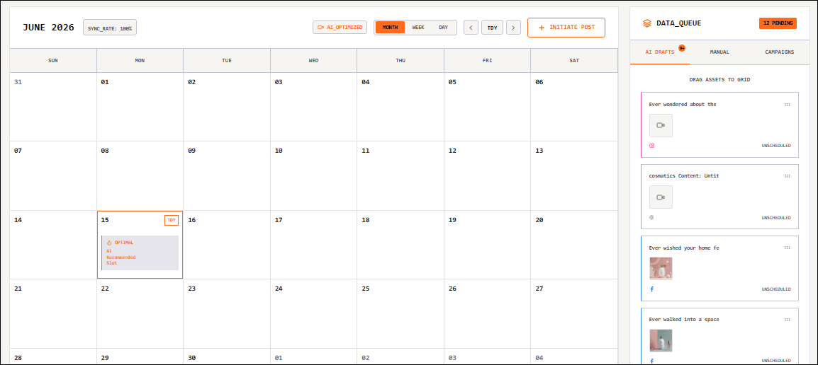Blazo Social Calendar scheduling posts across a month view