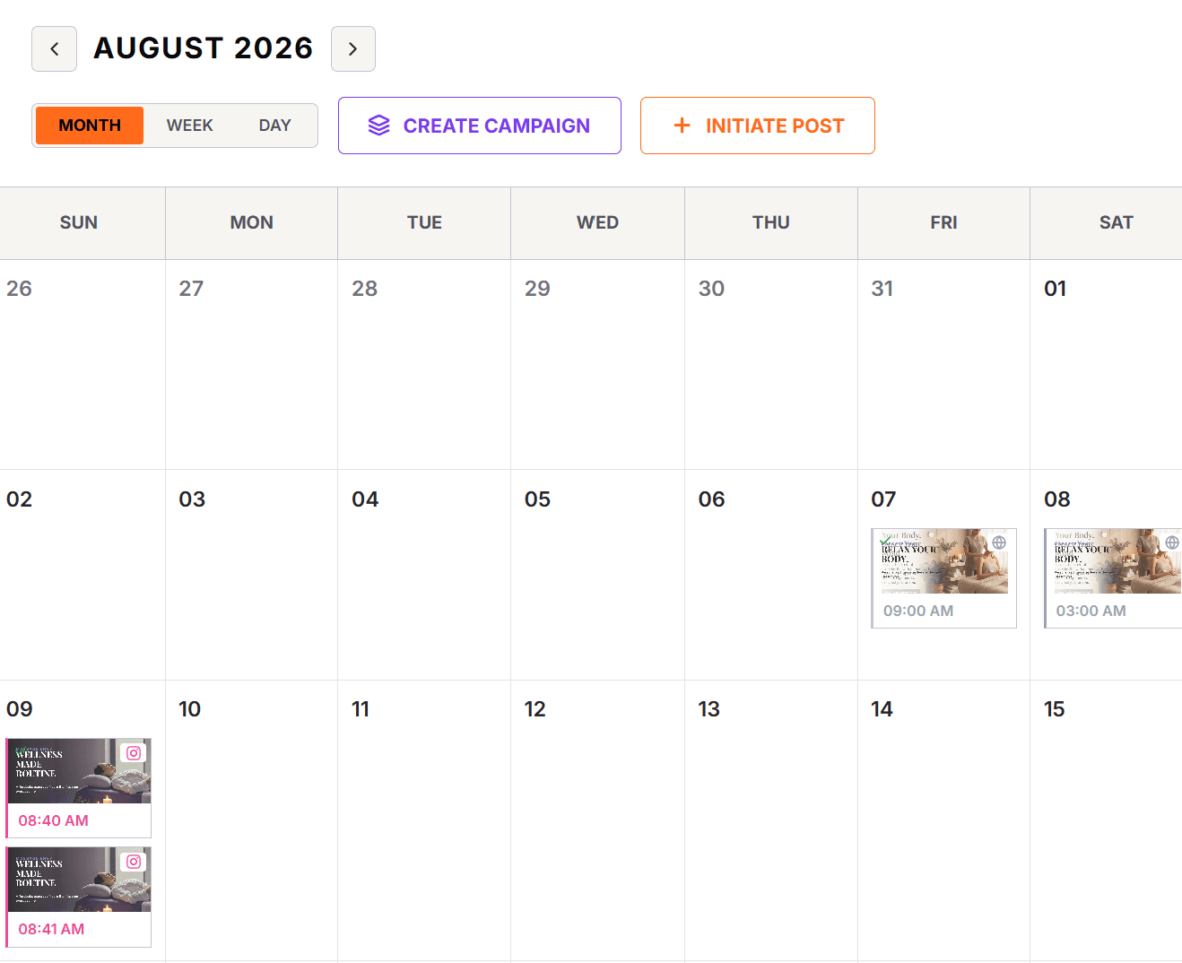 Blazo Social Calendar scheduling posts across a month view